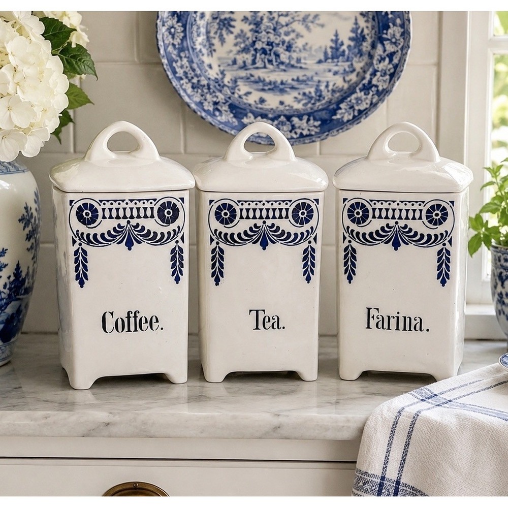 Vintage Iroquois Coffee Tea Farina Ceramic Canister Set Blue White Lidded Delft